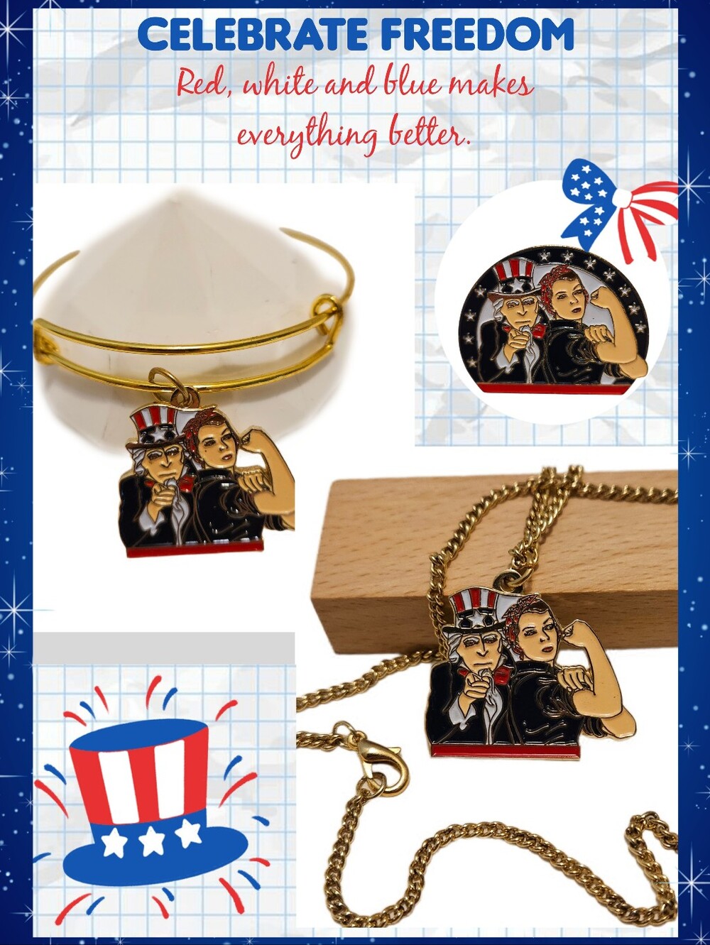Uncle Sam & Rosie The Riveter Jewelry Set- Gold Tone Red White & Blue